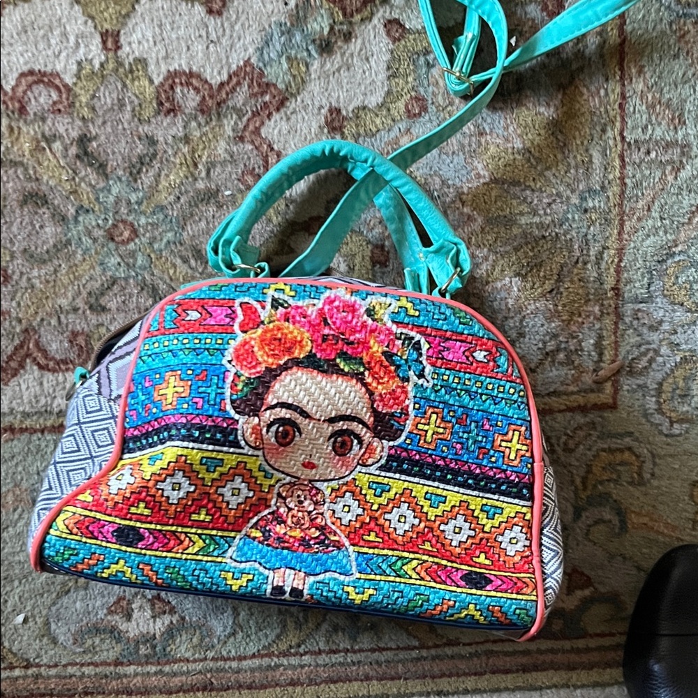 Turquoise Multicolor Embroidered Frida-Inspired Crossbody Bag